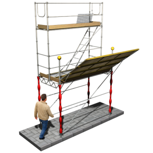 Estructura de protección de paso peatonal bajo andamio de fachada con visera Estructura de protección de paso peatonal bajo andamio de fachada con visera
